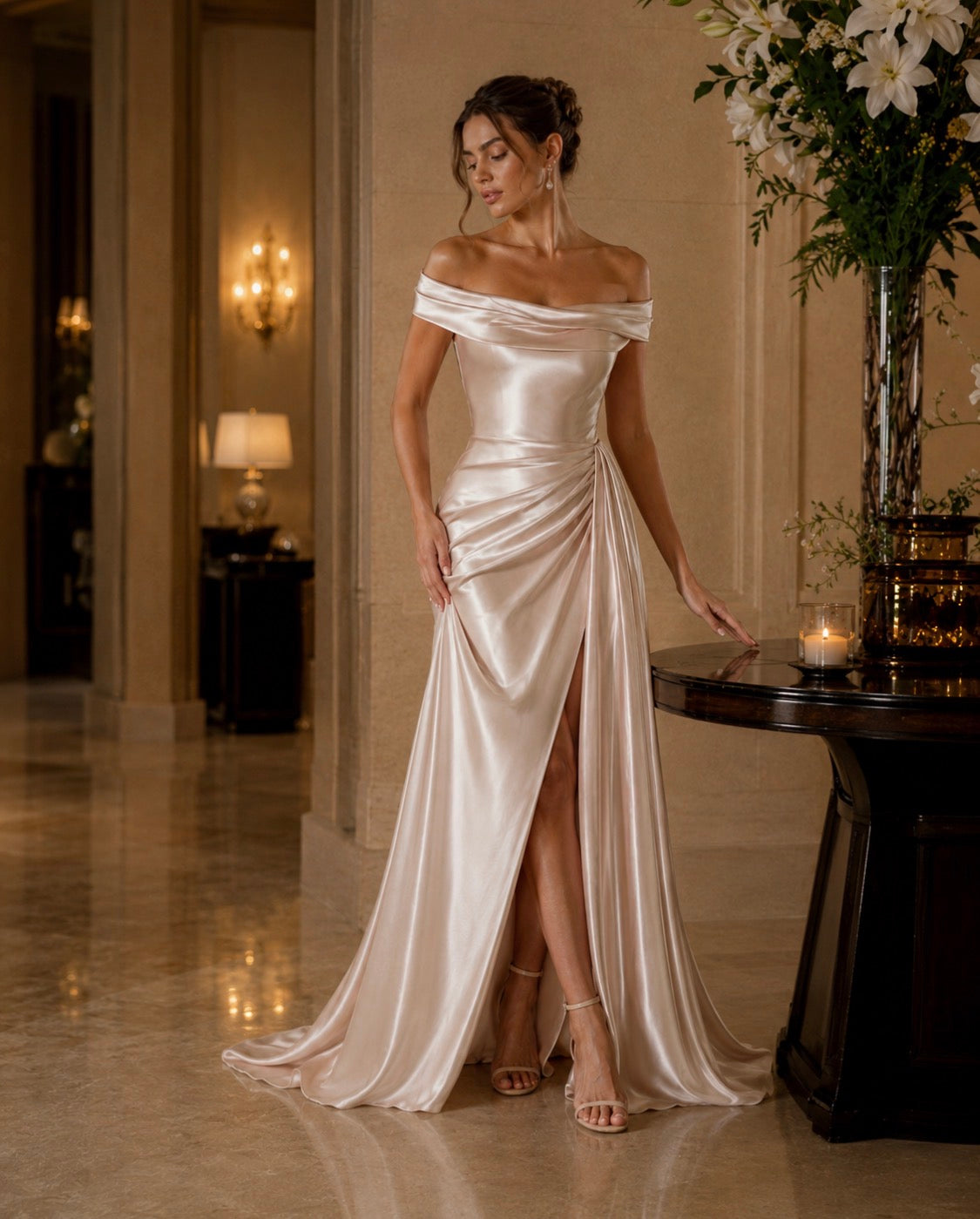 The Celeste Draped Satin Gown