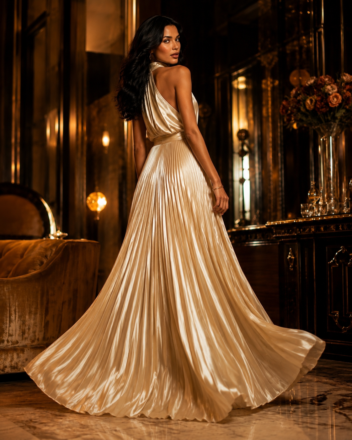 The Champagne Pleated Satin Gown
