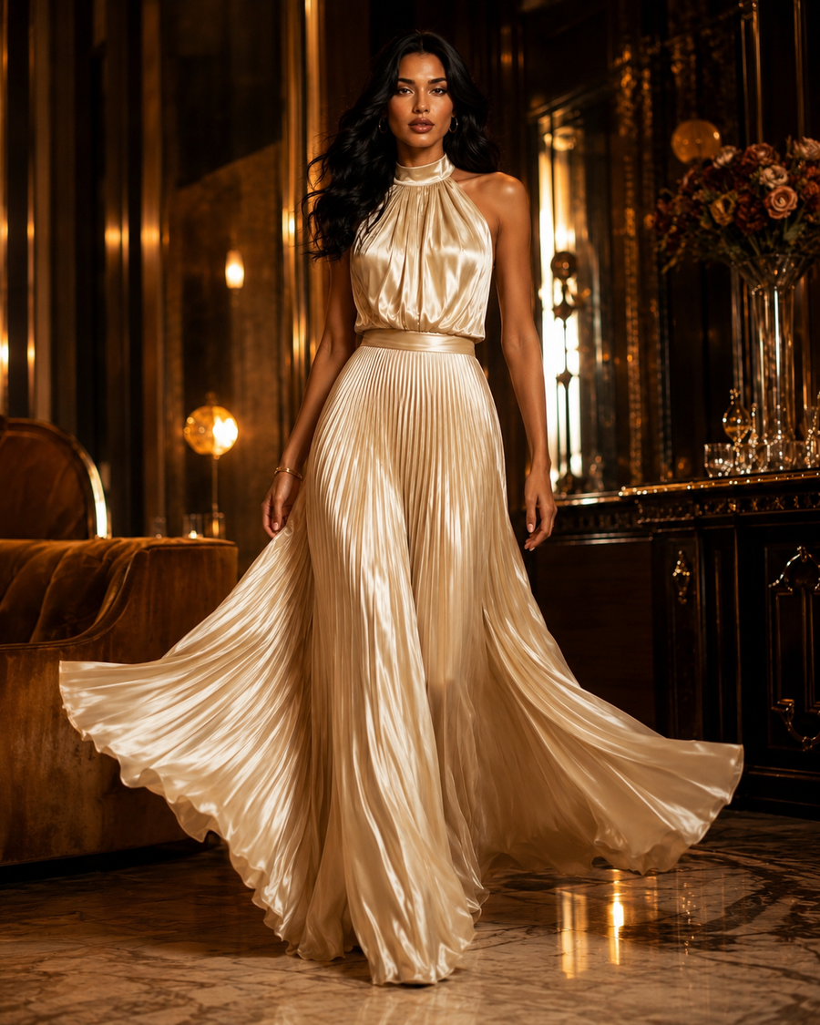 The Champagne Pleated Satin Gown