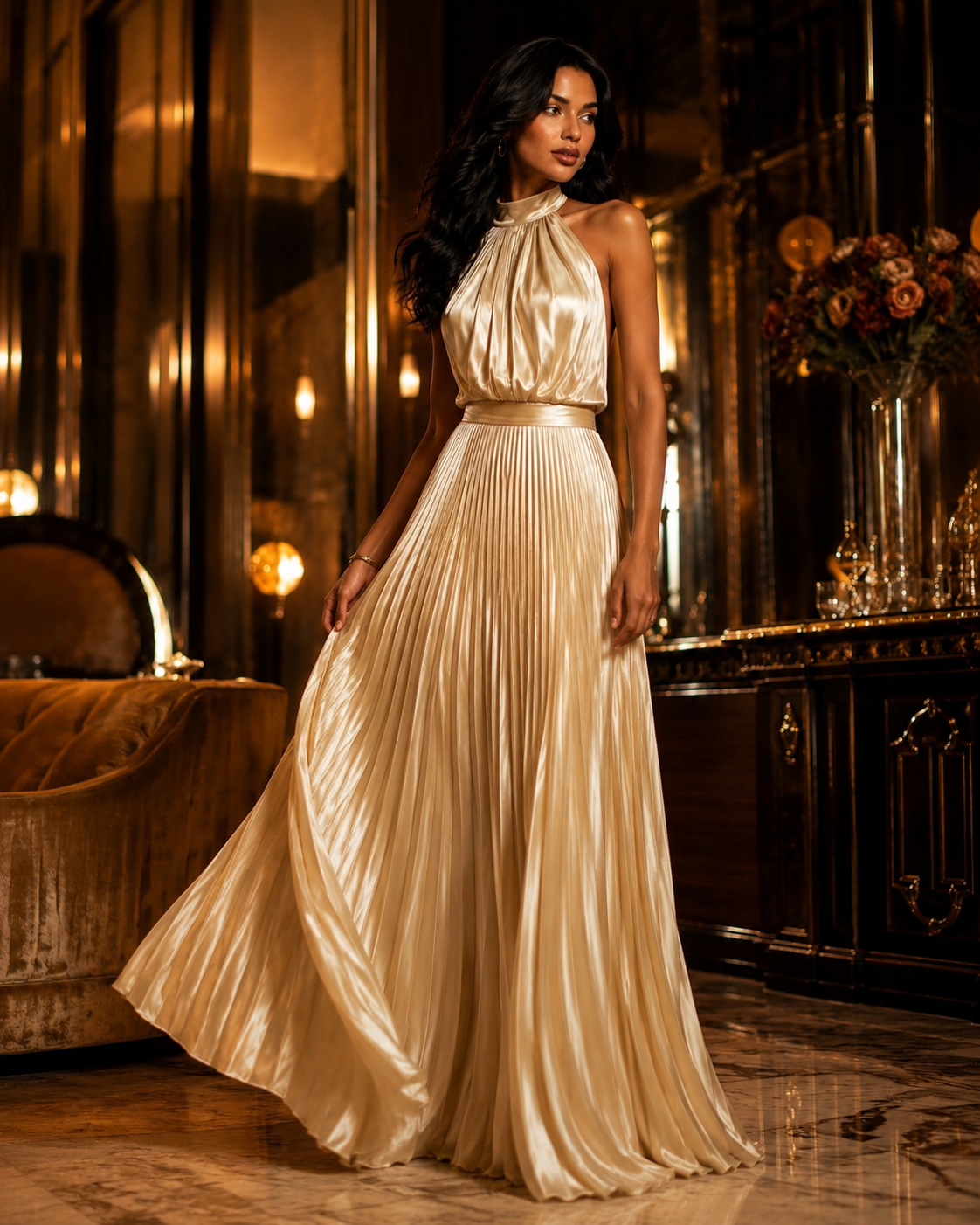 The Champagne Pleated Satin Gown